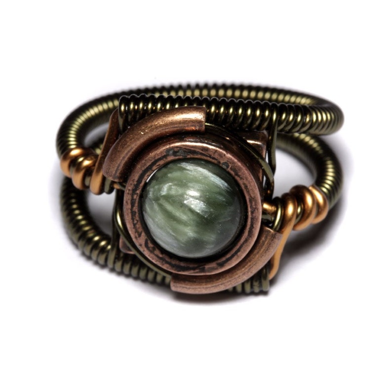 Warehouse 13 Natural stone ring Chatoyant jewelry Seraphinite Ring Steampunk Jewelry seen on TV Green stone ring
