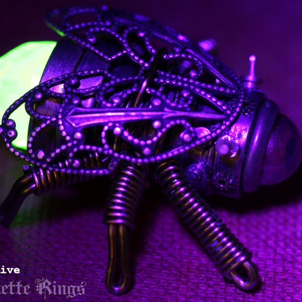 The smallest Steampunk Firefly  Robot Sculpture  - Copper Brass and Uranium Glass