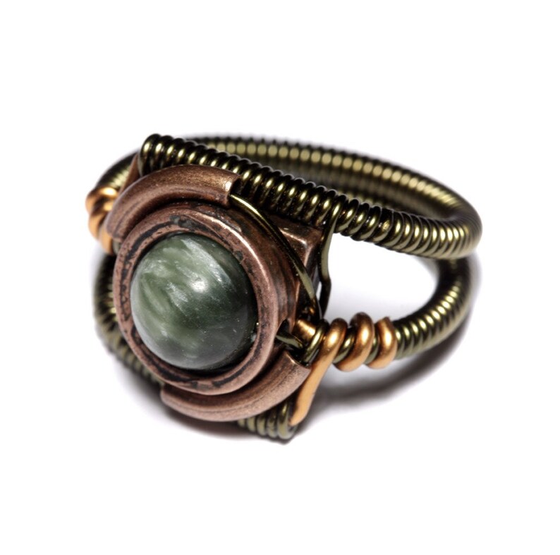 Warehouse 13 Natural stone ring Chatoyant jewelry Seraphinite Ring Steampunk Jewelry seen on TV Green stone ring