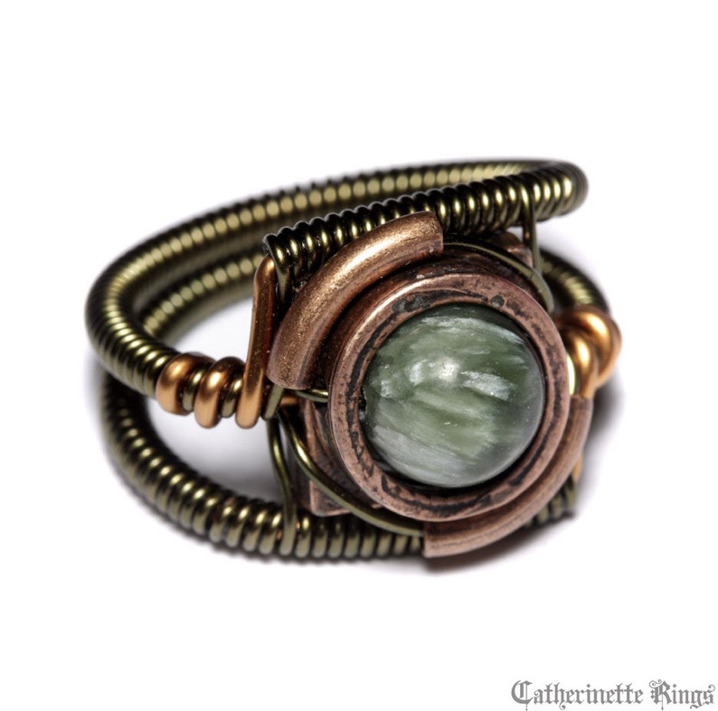 Warehouse 13 Natural stone ring Chatoyant jewelry Seraphinite Ring Steampunk Jewelry seen on TV Green stone ring