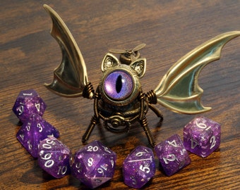 Steampunk Winged Cat Sculpture with purple eye, Bat-Cat dice guardian, dungeons and dragons, role playing games, familiar, dnd, D&D,ttrpg