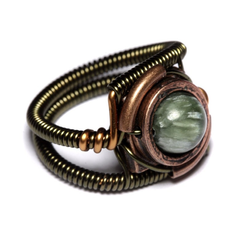 Warehouse 13 Natural stone ring Chatoyant jewelry Seraphinite Ring Steampunk Jewelry seen on TV Green stone ring