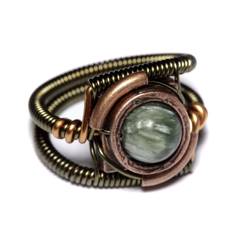 Warehouse 13 Natural stone ring Chatoyant jewelry Seraphinite Ring Steampunk Jewelry seen on TV Green stone ring