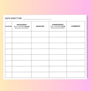 Könnte beinhalten: Ein weißes Datenblatt mit schwarzem Text, einschließlich des Titels "DATA SHEET FOR:" und Spalten für "DATE/TIME", "ANTECEDENT", "BEHAVIOR", "CONSEQUENCE" und "COMMENTS". Das Blatt befindet sich auf einem Farbverlaufshintergrund aus Gelb, Rosa und Lila.