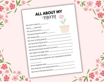 All About My Mom Printable Gift for Mother's Day, Mother's Day Printable From Kids, Instant Download, Last Minute Mother's Day Gift