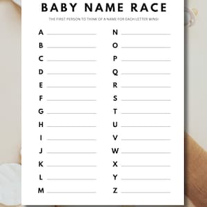 Printable Baby Name Race Game, Printable Baby Shower Games, Minimalist Baby Shower Games, Baby Name Alphabet Game