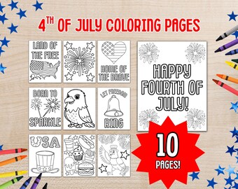 May include: A collection of ten coloring pages with patriotic themes for the 4th of July. The pages feature illustrations of fireworks, the American flag, an eagle, and other symbols, with phrases like "Land of the Free" and "Happy Fourth of July!"