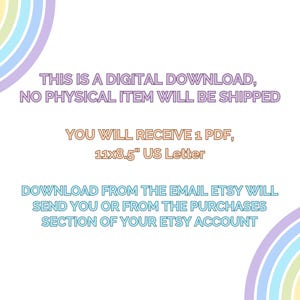 May include: Digital download notice with rainbow details. Text states: "This is a digital download, no physical item will be shipped." It also mentions the file size is 27.9 x 21.6 cm, US Letter format.