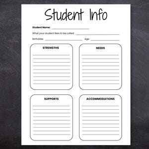 Op de afbeelding: Een wit studenten informatieblad met de titel "Student Info" in een handschrift. Het formulier bevat velden voor de naam van de student, de voorkeursnaam, de geboortedatum en de leeftijd. Het heeft secties voor sterke punten, behoeften, ondersteuning en accommodaties.