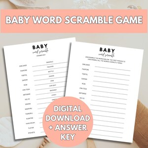 Baby Shower Word Scramble Game, Printable Baby Word Scramble Game With Answer Key, Minimalist Baby Shower Game