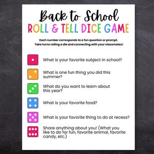 Peut inclure: Une feuille de papier blanche avec le texte "Back to School ROLL & TELL DICE GAME" en lettres colorées. Le jeu comprend des questions telles que "Quel est votre sujet préféré à l'école ?" et "Quel est votre plat préféré ?"