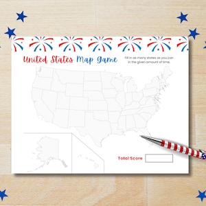 May include: A white United States map game sheet with the text "United States Map game". The sheet includes a blank map of the U.S. and a space for the total score. A pen with red, white, and blue stripes and stars is included.