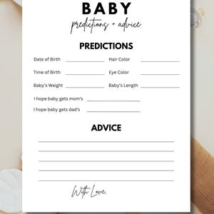 Prédictions et conseils imprimables pour une baby shower, carte de prédictions de bébé minimaliste, conseils aux futurs parents, prédictions et conseils pour bébé