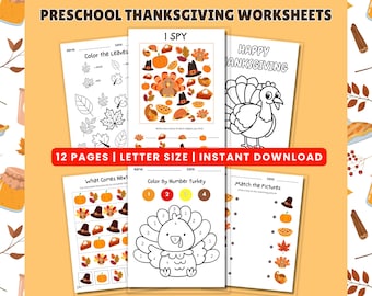 May include: Thanksgiving-themed preschool worksheets with various activities, including coloring, matching, and counting. The worksheets feature images of turkeys, pumpkins, and fall leaves. Text on the image reads "PRESCHOOL THANKSGIVING WORKSHEETS" and "12 PAGES | LETTER SIZE | INSTANT DOWNLOAD."