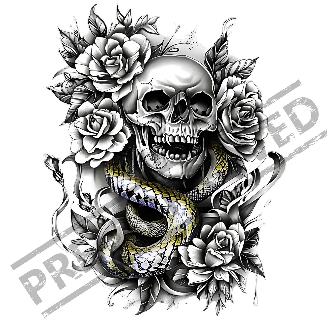 Skull and Snake Tattoo Design High Resolution 4K Canvas Art Printable ...
