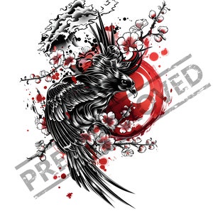 Raven Japanese Style Tattoo Design | High Resolution 4K | Canvas Art | Printable SVG Stencil Included