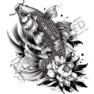 Koi & Flowers Tattoo Design | High Resolution 4K 300dpi | Canvas Art | Printable SVG Tattoo Stencil Included|