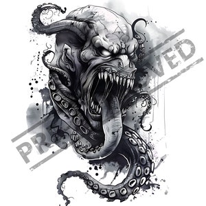 May include: A black and white illustration of a monstrous creature with sharp teeth, a long tongue, and tentacles. The design features a cracked head and is surrounded by ink splatters. The word "PREVIEWED" is stamped across the image.