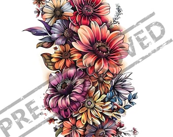 Flowers Tattoo Design | High Resolution 4K PNG Transparent Background | Canvas Art | Printable SVG Tattoo Stencil Included|