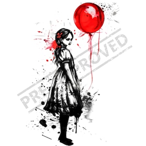 Girl Balloon Thriller Horror  Tattoo Design | High Resolution 4K | Canvas Art | Printable SVG Stencil Included| Clip Art| Halloween| Creepy