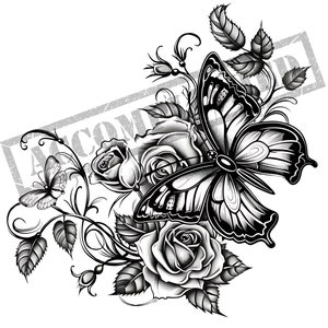 Butterfly Flowers  Tattoo Design | High Resolution 4K | Canvas Art | Black Scale| Printable SVG File Included