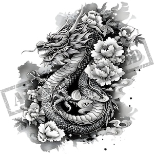 Dragon Japanese Style  Tattoo Design | High Resolution 4K | Canvas Art | Japanese| Printable SVG Template | T-Shirt Decal | PNG | Clip Art