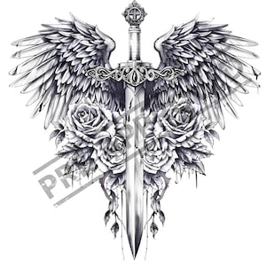 May include: A black and white illustration of a sword with wings and roses. The sword has a cross at the top and is surrounded by roses with thorns.