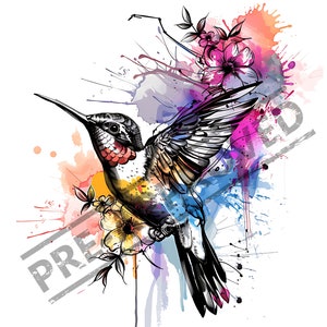 Diseño de tatuaje de colibrí y flores / Alta resolución 4K / Archivo SVG imprimible para tatuadores incluido / Arte en lienzo / Escala negra