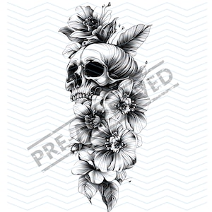 Skull Flowers Tattoo Design | Canvas Art | 4K Resolution  | Digital Download | Clip Art | Arm Sleeve | T-Shirt Decal | PNG | SVG Template