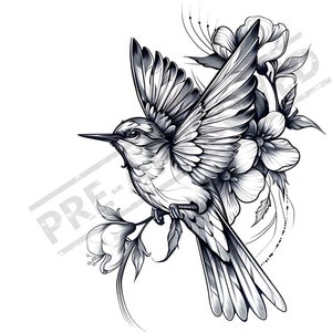 Tattoo ontwerp vogels en bloemen | Hoge resolutie 4K | Inclusief afdrukbaar SVG-bestand voor tatoeëerder| Canvaskunst| Zwarte schaal