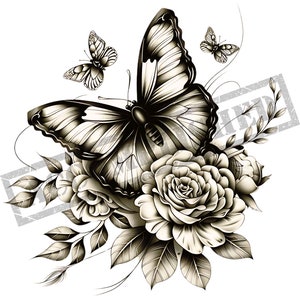 Butterfly Flowers  Tattoo Design | High Resolution 4K | Canvas Art | Black Scale | Printable SVG File Included