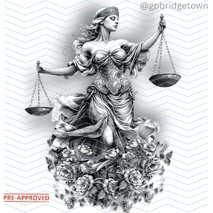 May include: A black and white illustration of a woman holding scales of justice. She is standing on a bed of flowers. The image is titled "@gpbridgetown" and has the text "PRE-APPROVED" at the bottom.
