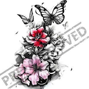 Butterfly Flowers Tattoo Design | High Resolution 4K | Canvas Art | Color Art|  Printable SVG File Included