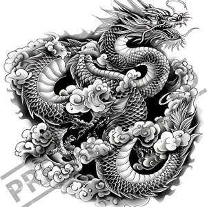 Disegno del tatuaggio del drago / Opera d&#39;arte in stile giapponese / Arte su tela da parete / Modello di stencil SVG stampabile / PNG / Immagine clip art / Adesivo per maglietta