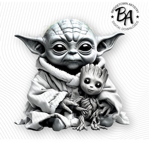 Può includere: Opera d'arte digitale in bianco e nero raffigurante un personaggio simile a Yoda di Star Wars, che tiene in braccio una piccola figura di Groot. L'immagine ha un aspetto dettagliato e strutturato con uno sfondo morbido e chiaro. Il testo "Bridgetown Artistry Digital Downloads" è in alto a destra.