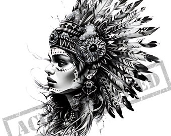 May include: Black and white illustration of a woman wearing a headdress with feathers. The woman's face is painted with intricate designs.