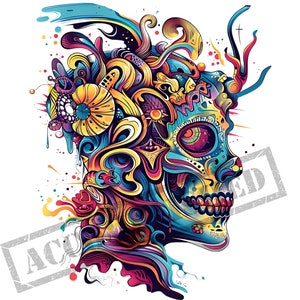 Skull Flowers | New School Tattoo Design | T -Shirt Decal Tee | Printable SVG Stencil Template | PNG | Clip Art image | Color Cartoon Style