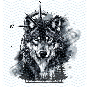 Wolf Nature Tattoo Design| Compass | Wall Art | SVG | Apple Wallpaper | Clip Art | PNG | Digital Download | Instant Download |