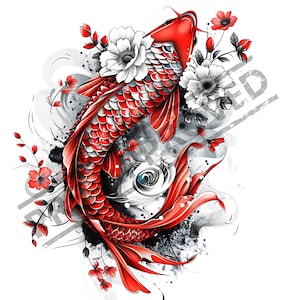 Koi & Flowers Tattoo Design 300dpi | Canvas Art | Printable SVG Template | PNG | Japanese Illustration | Clip Art | Smart Phone Wallpaper