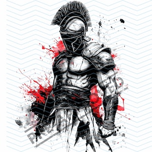 May include: A black and white illustration of a Spartan warrior wearing a helmet and armor. The warrior is standing in a fighting pose with a red and black splattered background.