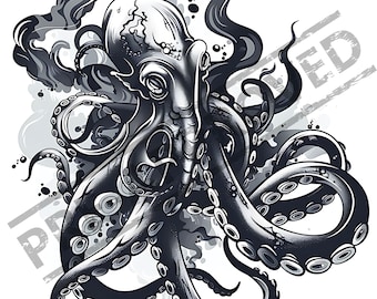 May include: Detailed black and white illustration of an octopus with swirling tentacles and a textured body. The artwork features shading and highlights, creating a three-dimensional effect. The octopus is surrounded by stylized smoke or water effects.