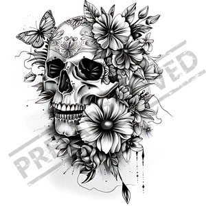 Skull & Flowers Butterflies Tattoo Design | High Resolution 4K | Canvas Art | Black Scale Art | Printable SVG File Included