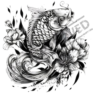 Koi & Flowers Tattoo Design | High Resolution 4K 300dpi | Canvas Art | Printable SVG Tattoo Stencil Included|