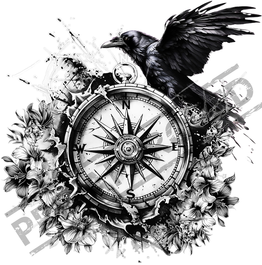 Raven & Compass Tattoo Design | High Resolution 4K | Canvas Art ...