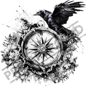 Raven & Compass Tattoo Design | High Resolution 4K | Canvas Art | Printable SVG Stencil Included
