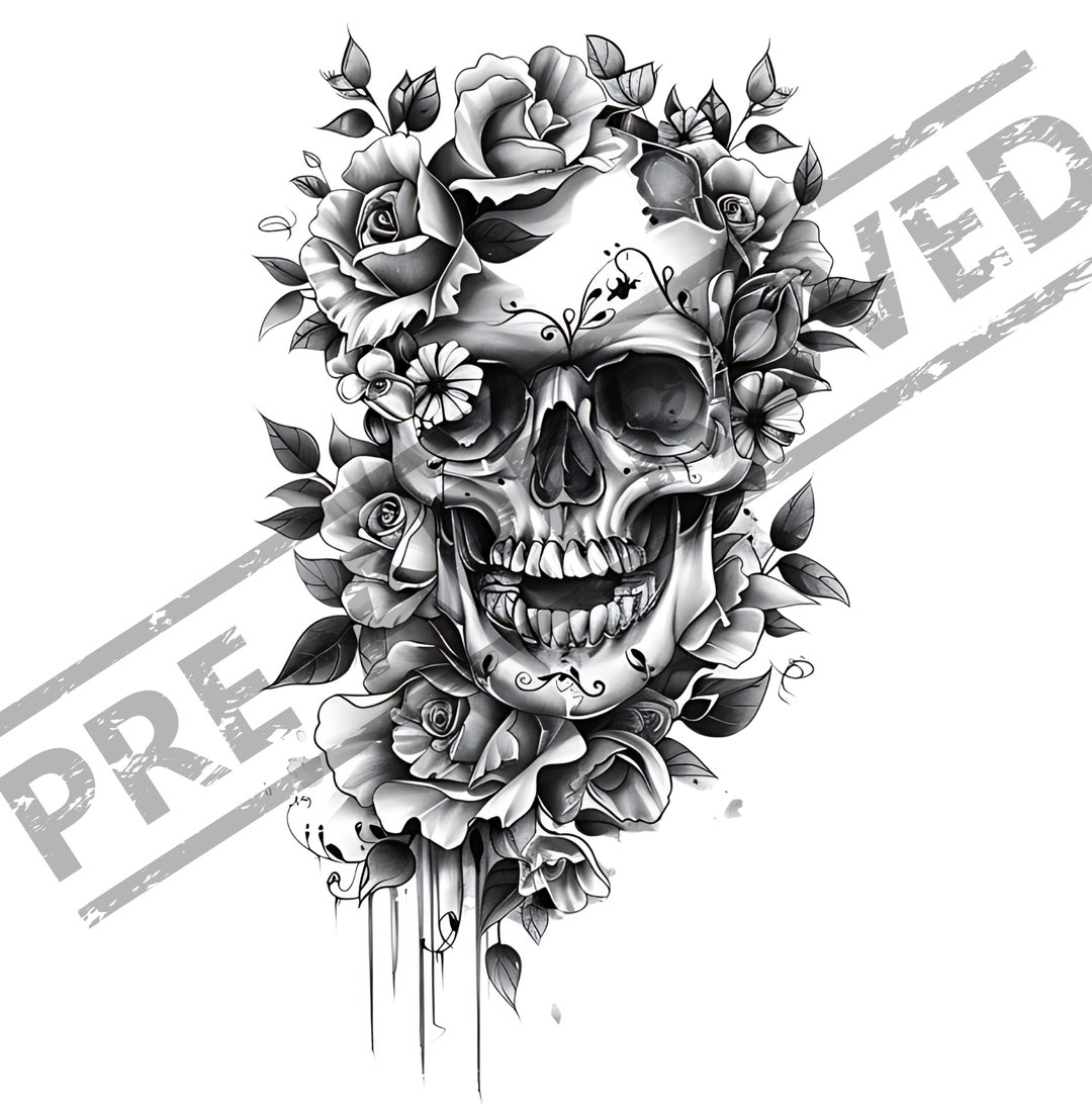 Skull & Flowers Tattoo Design | High Resolution 4K | Canvas Art | Black ...