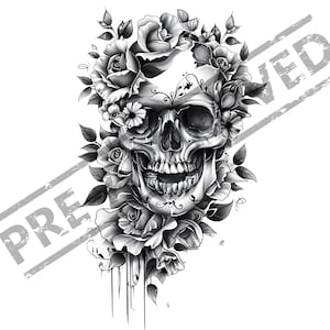 Skull & Flowers Tattoo Design | High Resolution 4K | Canvas Art | Black Scale Art | Printable SVG File Included