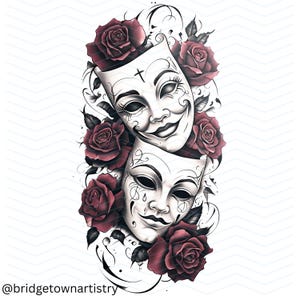 May include: Two white theatrical masks with intricate details, one smiling and one crying, are surrounded by red roses with green leaves. The masks are a symbol of tragedy and comedy.