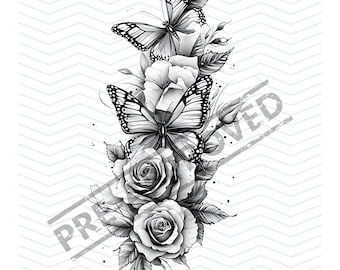 Roses And Butterflies Tattoo Design | High Resolution 4K | Canvas Art | Printable SVG Stencil Included| Digital Art| Arm Sleeve| Clip Art