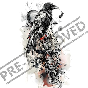 Raven Tattoo Design | High Resolution 4K | Canvas Art | Watercolor | Printable SVG Stencil Included